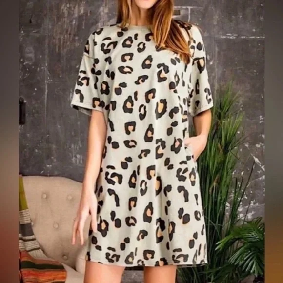 New Easel Los Angeles Washed Leopard Tunic Tee Dress T Shirt Green Size Large - Picture 2 of 4